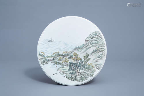 A round Chinese qianjiang cai plaque with a river landscape,...