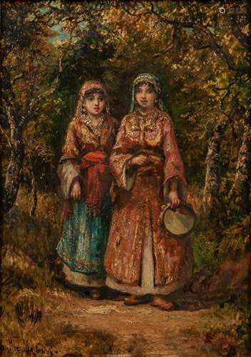 Camille Magnus (1850-?): Young musicians in a forest, oil on...