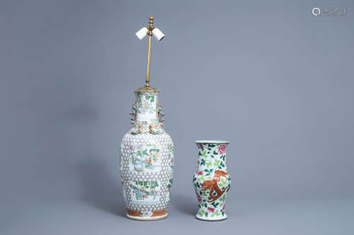 A Chinese famille verte vase and a famille rose yenyen 'drag...