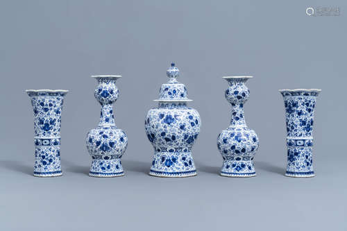 A five-piece Dutch Delft blue and white garniture with flora...