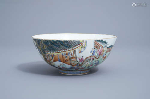 A Chinese famille rose bowl with a festive procession all ar...