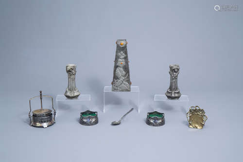 A collection of silver plated, pewter and brass Art Nouveau ...