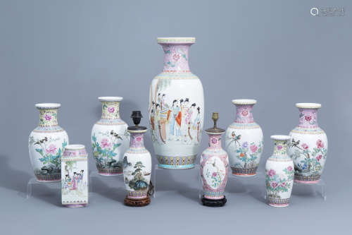 A varied collection of nine Chinese famille rose vases, 20th...