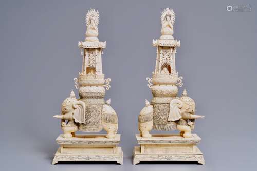 A pair of large inlaid Chinese ivory groups of Buddha and Gu...