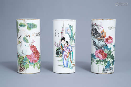 Three Chinese famille rose hat stands with birds and ladies,...