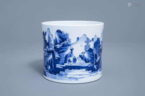 A Chinese blue and white brush pot with a fine landscape, 19...