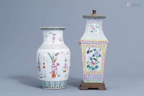 Two Chinese famille rose vases with antiquities and birds am...