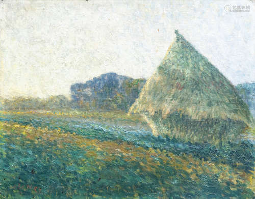 J. De Mey (19th/20th C.): Haystack in a landscape, oil on ca...