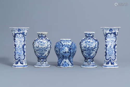 Five various Dutch Delft blue and white vases, 18th C.