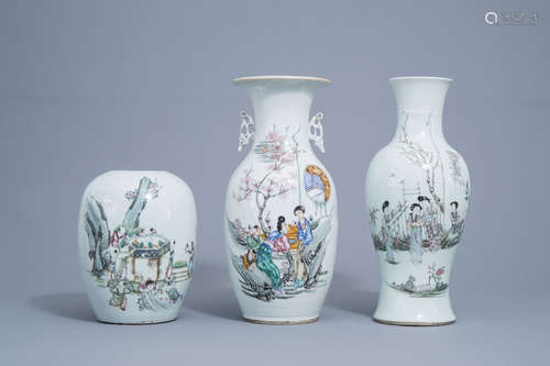 Two Chinese famille rose vases and a ginger jar with figures...