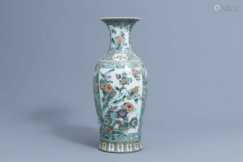 A Chinese famille verte baluster vase with birds among bloss...