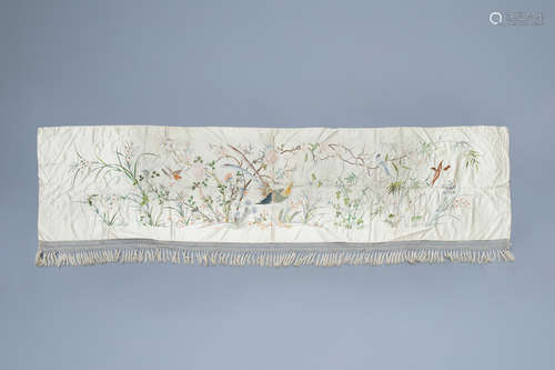 A Chinese horizontal silk embroidery with birds and a butter...