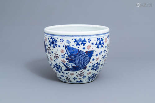 A Chinese blue, white and copper red fish bowl with fish, 19...