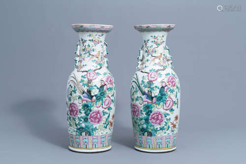 A pair of Chinese famille rose vases with birds and phoenixe...