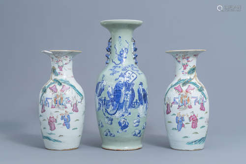 A pair of Chinese famille rose vases and a blue and white ce...