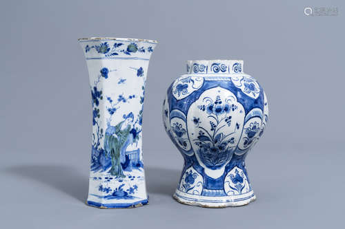 Two polychrome and blue and white Dutch Delft vases, 18th C.