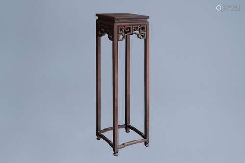 A Chinese carved wooden stand with burl wood top, 19th/20th ...