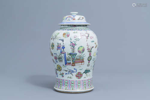 A Chinese famille rose 'antiquities' vase and cover, 19th C.