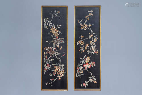 Two Chinese embroidered silk panels with floral designs, 19t...