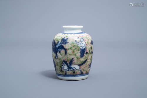 A Chinese blue, white, red and green snuff bottle with creat...