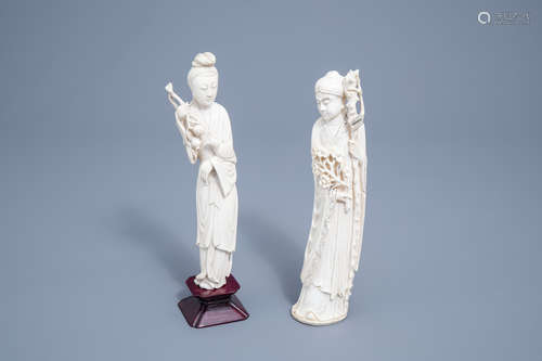 Two Chinese carved ivory figures of a scholar and a lady wit...