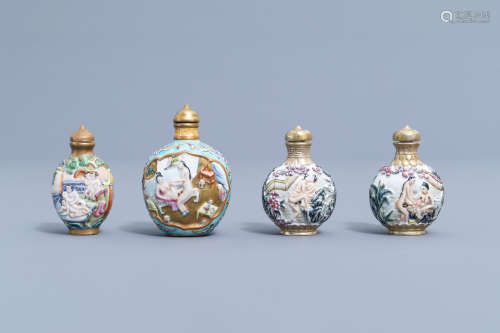 Eight Chinese erotical porcelain, glass and Canton enamel sn...