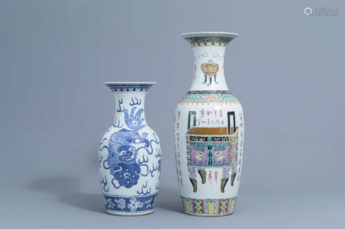 A Chinese famille rose vase with antiquities and a blue and ...