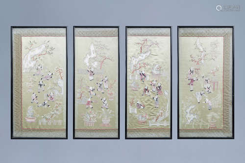 Four Chinese vertical silk embroideries with children playin...