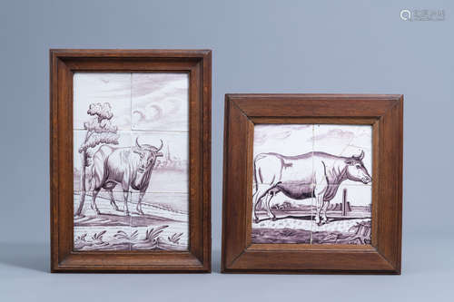 Two manganese Dutch Delft tile murals with a cow, 18th C.