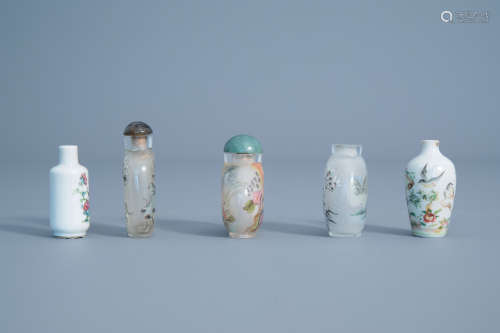 Five Chinese inside-painted glass and porcelain snuff bottle...