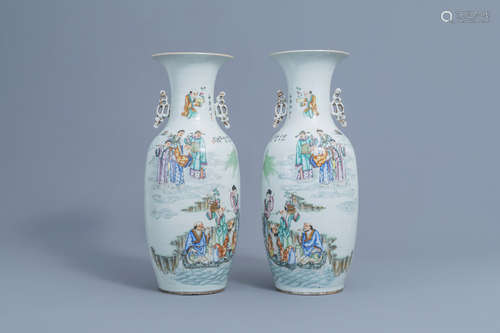 A pair of Chinese famille rose double design vases, 19th/20t...