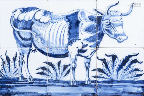 A Dutch Delft blue and white tile mural with a cow, 19th C.