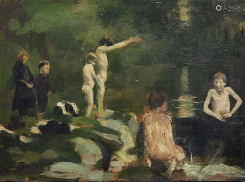 Ludovic Bau‘s (1864-1937): The refreshing dip, oil on board