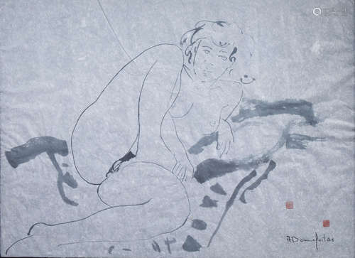 Alain Bonnefoit (1937): Reclining nude, mixed media on paper...