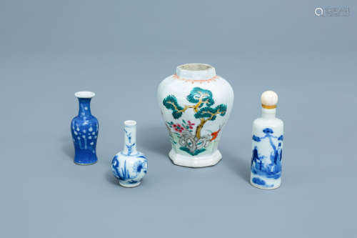 Three Chinese blue, white and famille rose miniature vases a...