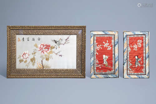 Three various Chinese silk embroideries, 19th/20th C.