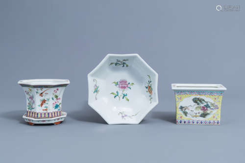 Two Chinese famille rose jardinires and a bowl with floral ...