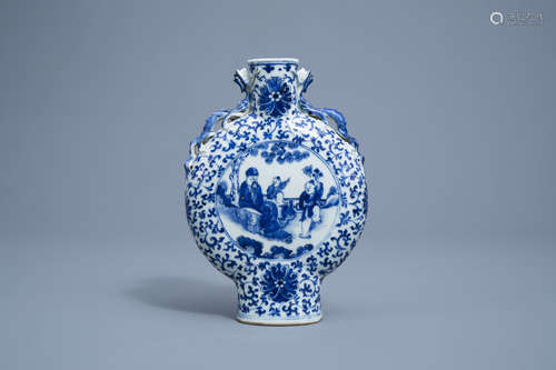 A Chinese blue and white moonflask with figures and a bird, ...