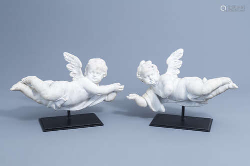 An impressive pair of Flemish Baroque white marble angels, A...