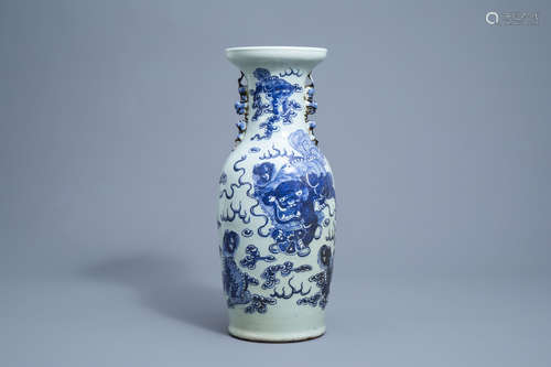 A Chinese blue and white celadon ground 'Buddhist lions' vas...