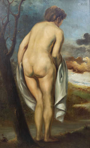 Belgian school: Naked young woman seen from behind, oil on b...