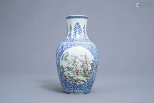 A Chinese blue and white vase with polychrome medallions, Qi...