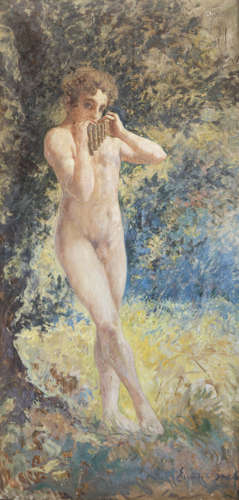 Emile Baes (1879-1954): Young naked pan flute player, oil on...