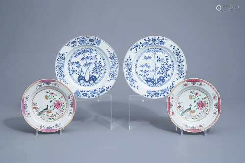 A pair of Chinese blue and white dishes and a pair of famill...