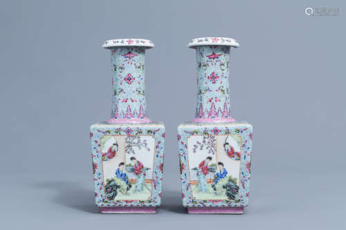 A pair of square Chinese famille rose bottle vases with ladi...