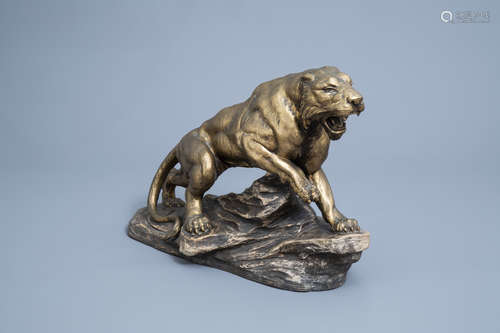 Armand Fagotto (19th/20th C.): A panther on a rock, patinate...