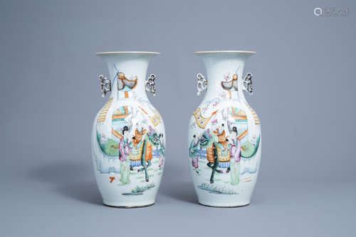 A pair of Chinese famille rose vases with a qilin and figure...