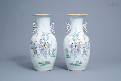 A pair of Chinse famille rose vases with ladies on a terrace...