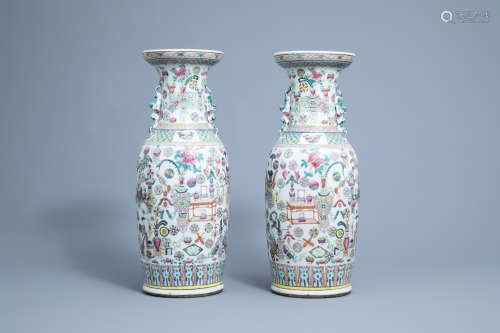 A pair of Chinese famille rose vases with antiquities design...