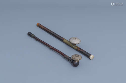 Two Chinese bamboo opium pipes finished with brass, jade, iv...